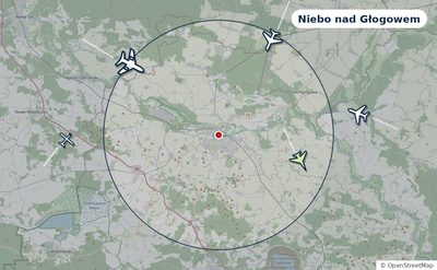 Mapa okolic miasta z sylwetkami samolotów — Niebo nad Głogowem na żywo