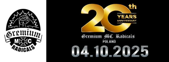 Obrazek przedstawia grafikę promocyjną wydarzenia 20-lecie oddziału Gremium MC Radicals w Głogowie