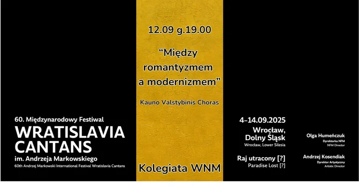 Obrazek przedstawia grafikę promocyjną wydarzenia Koncert chóru z Kowna: „Między romantyzmem a modernizmem” w Głogowie