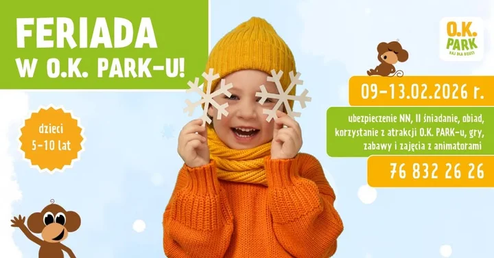Grafika promocyjna wydarzenia Feriada w O.K. PARK-u — zimowy turnus dla dzieci (9–13 lutego 2026)