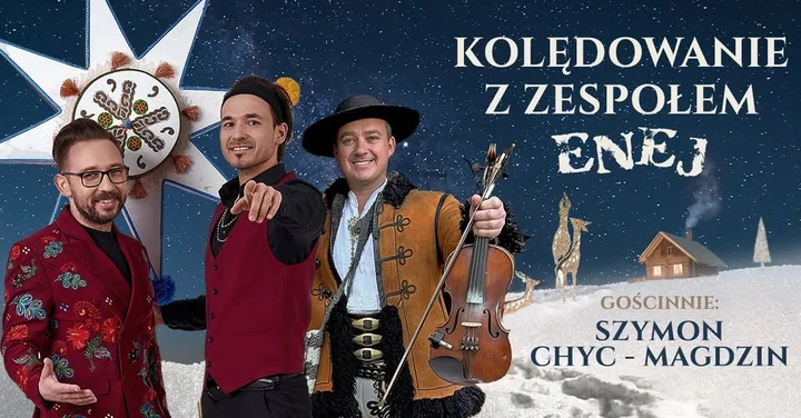 Obrazek przedstawia grafikę promocyjną wydarzenia Koncert kolęd zespołu Enej z udziałem Szymona Chyc‑Magdzina w Głogowie