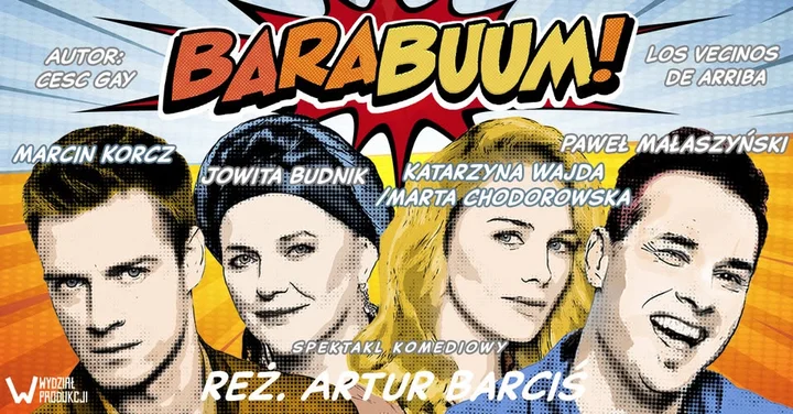 Obrazek przedstawia grafikę promocyjną wydarzenia Komedia „Barabuum” w Głogowie — sąsiedzkie tajemnice na scenie