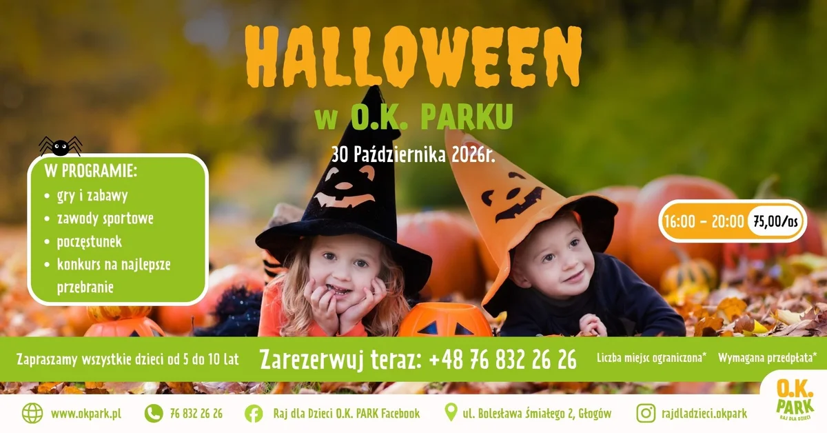 Grafika promocyjna wydarzenia Halloween w O.K. PARK Raj dla Dzieci w Głogowie