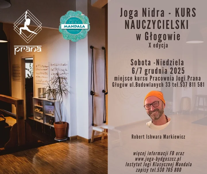 Obrazek przedstawia grafikę promocyjną wydarzenia Kurs nauczycielski Jogi Nidry w Głogowie — 6–7 grudnia 2025