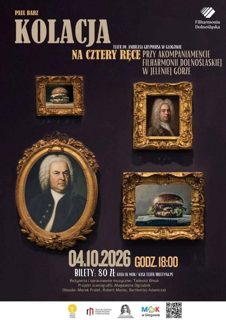 Grafika promocyjna wydarzenia „Kolacja na cztery ręce” przy akompaniamencie Filharmonii Dolnośląskiej w Jeleniej Górze