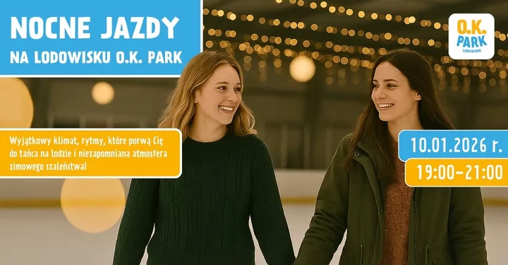 Grafika promocyjna wydarzenia Nocne jazdy na Lodowisku O.K. PARK — wieczorne łyżwy i muzyka w Głogowie