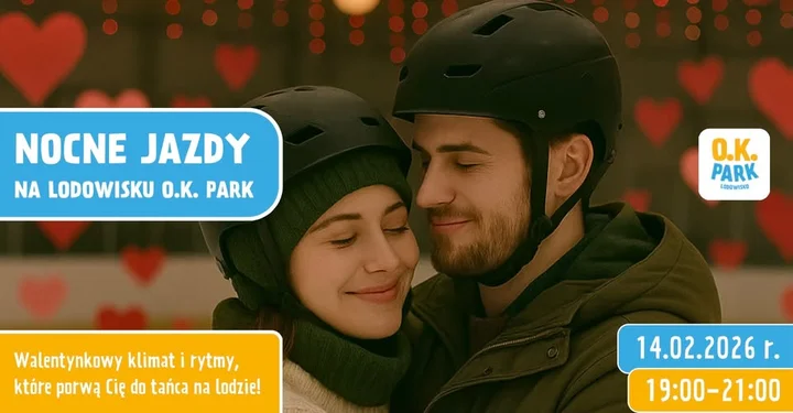 Grafika promocyjna wydarzenia Nocne jazdy na Lodowisku O.K. PARK — walentynkowy wieczór na lodzie w Głogowie