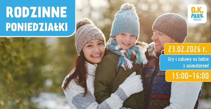 Grafika promocyjna wydarzenia Rodzinne poniedziałki na Lodowisku O.K. PARK — lód i zabawa dla całej rodziny