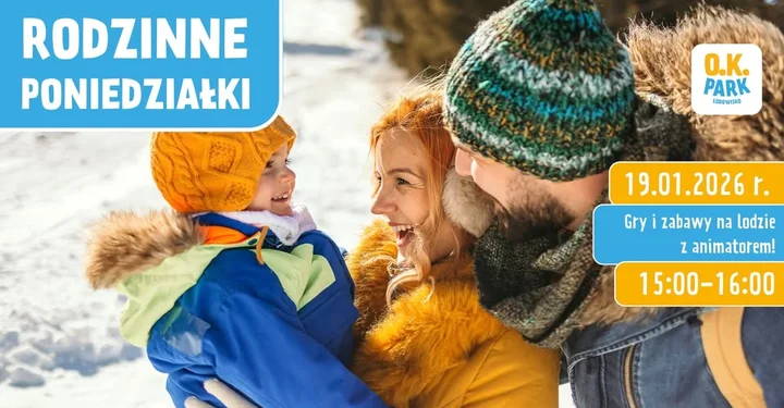 Grafika promocyjna wydarzenia Rodzinne poniedziałki na Lodowisku O.K. PARK — gry i zabawy na lodzie dla rodzin
