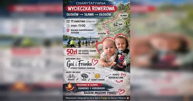 Grafika promocyjna wydarzenia 62 km dobra – charytatywna wycieczka rowerowa z Głogowa do Sławy
