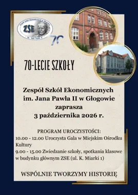 Grafika promocyjna wydarzenia 70-lecie ZSE w Głogowie – jubileusz pełen wspomnień i spotkań po latach