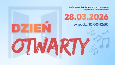Grafika promocyjna wydarzenia Dzień Otwarty Państwowej Szkoły Muzycznej I stopnia w Głogowie — 28 marca 2026