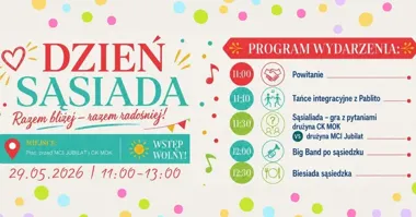 Grafika promocyjna wydarzenia Dzień Sąsiada w Głogowie – CK MOK i MCI Jubilat zapraszają na wspólne spotkanie