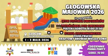 Grafika promocyjna wydarzenia Głogowska Majówka 2026 w Głogowie: dmuchańce, piana party i taniec nad Odrą