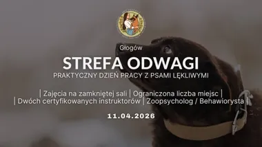 Grafika promocyjna wydarzenia Strefa Odwagi 2 w Głogowie – praktyczny dzień pracy z psami lękliwymi