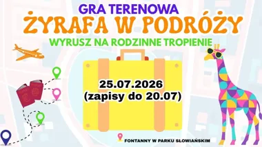 Grafika promocyjna wydarzenia ŻYRAFA W PODRÓŻY: rodzinna gra terenowa