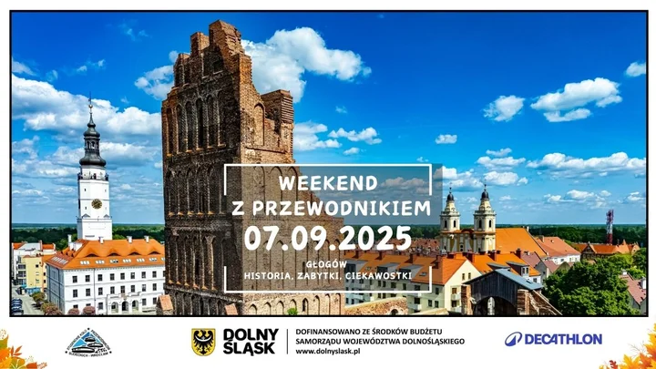 Obrazek przedstawia grafikę promocyjną wydarzenia Spacer po Głogowie z przewodnikiem — historia i zabytki
