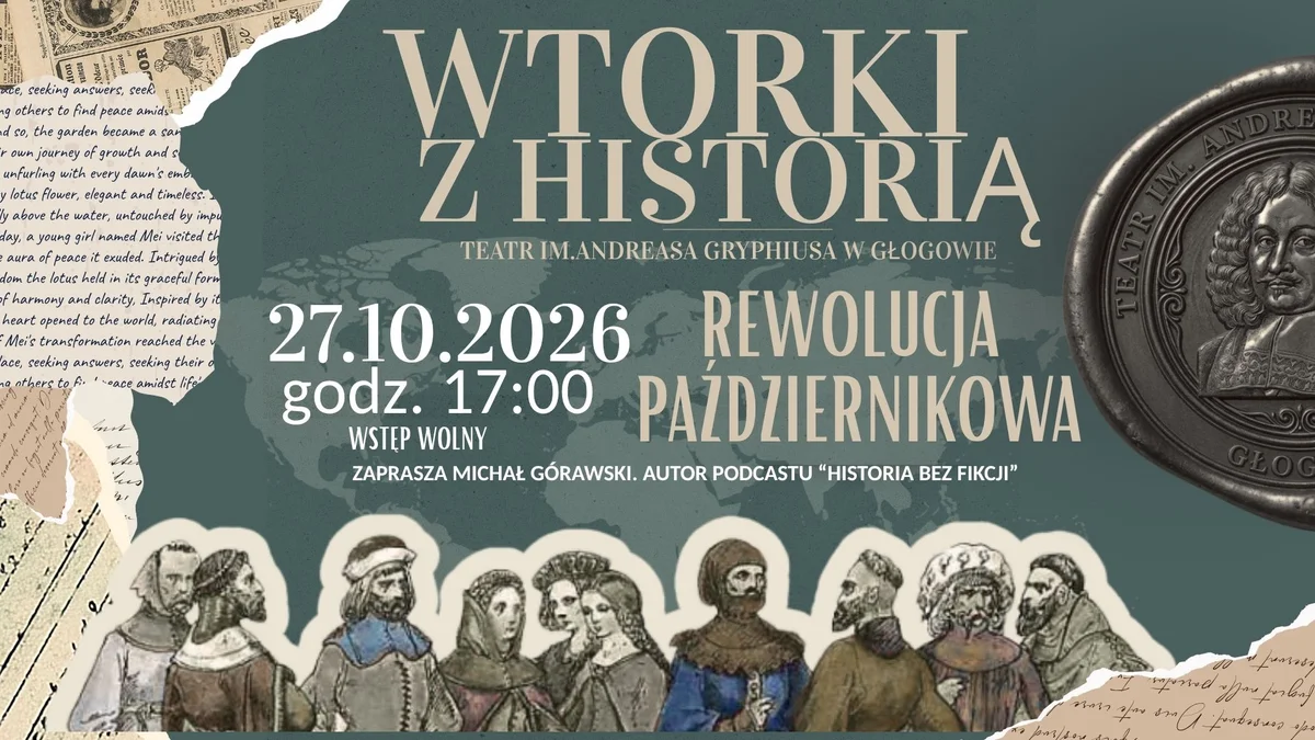 Grafika promocyjna wydarzenia „Wtorki z historią” – Rewolucja październikowa